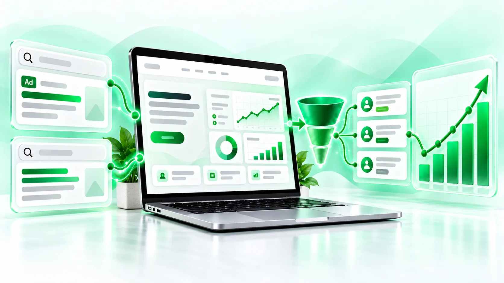 SaaS growth case study — ad funnel, analytics dashboard, and conversion pipeline