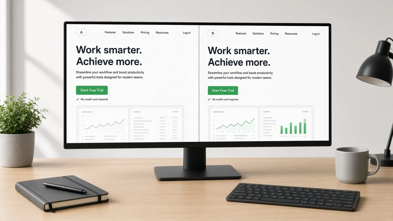 Side-by-side A/B webpage variants on a testing setup