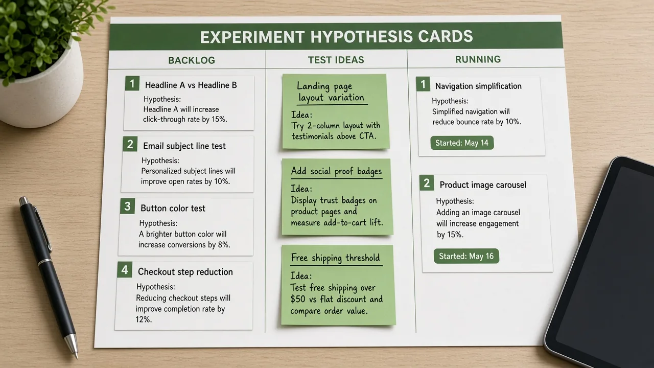 Kanban-style experiment hypothesis cards on a desk