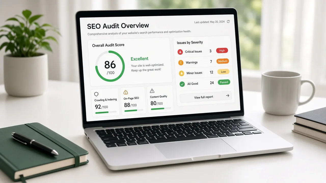 SEO program dashboard showing search visibility and prioritized work