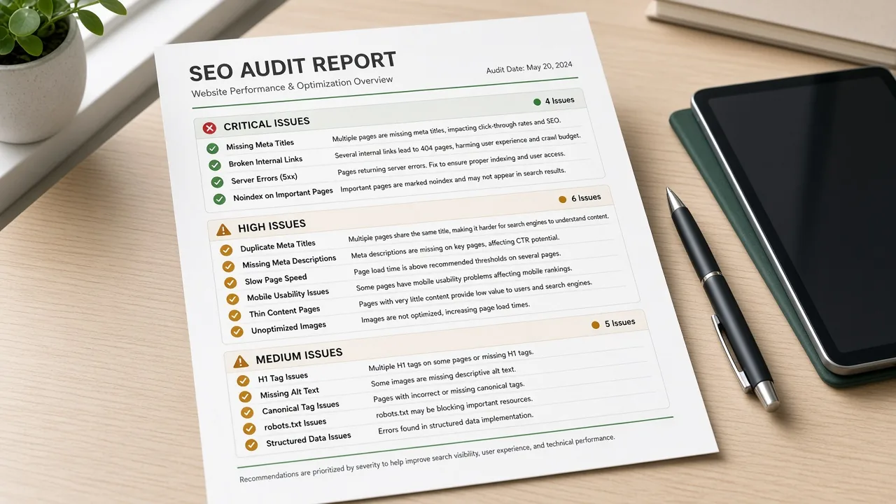 Printed SEO audit report with severity checklist sections