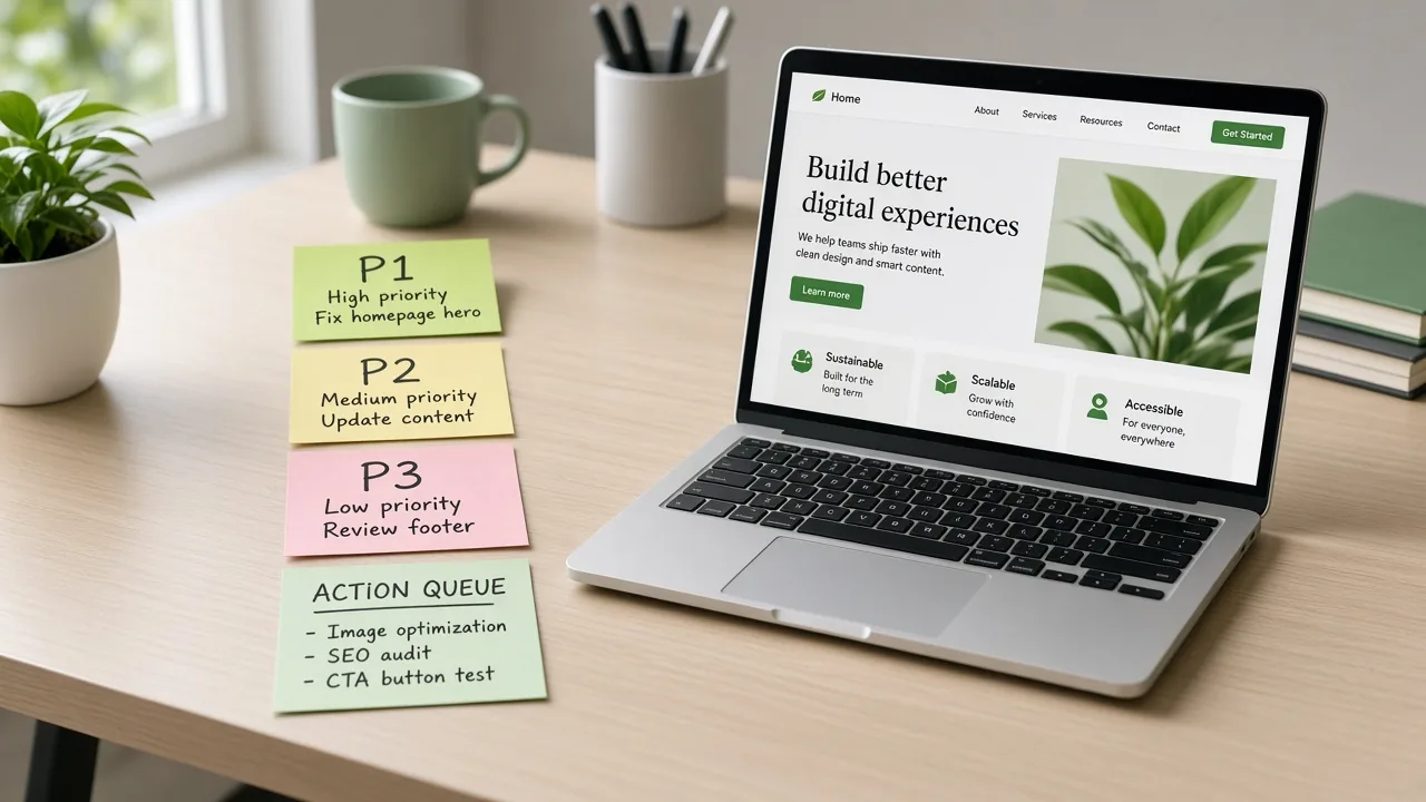 Prioritized P1 P2 P3 action queue sticky notes beside a laptop