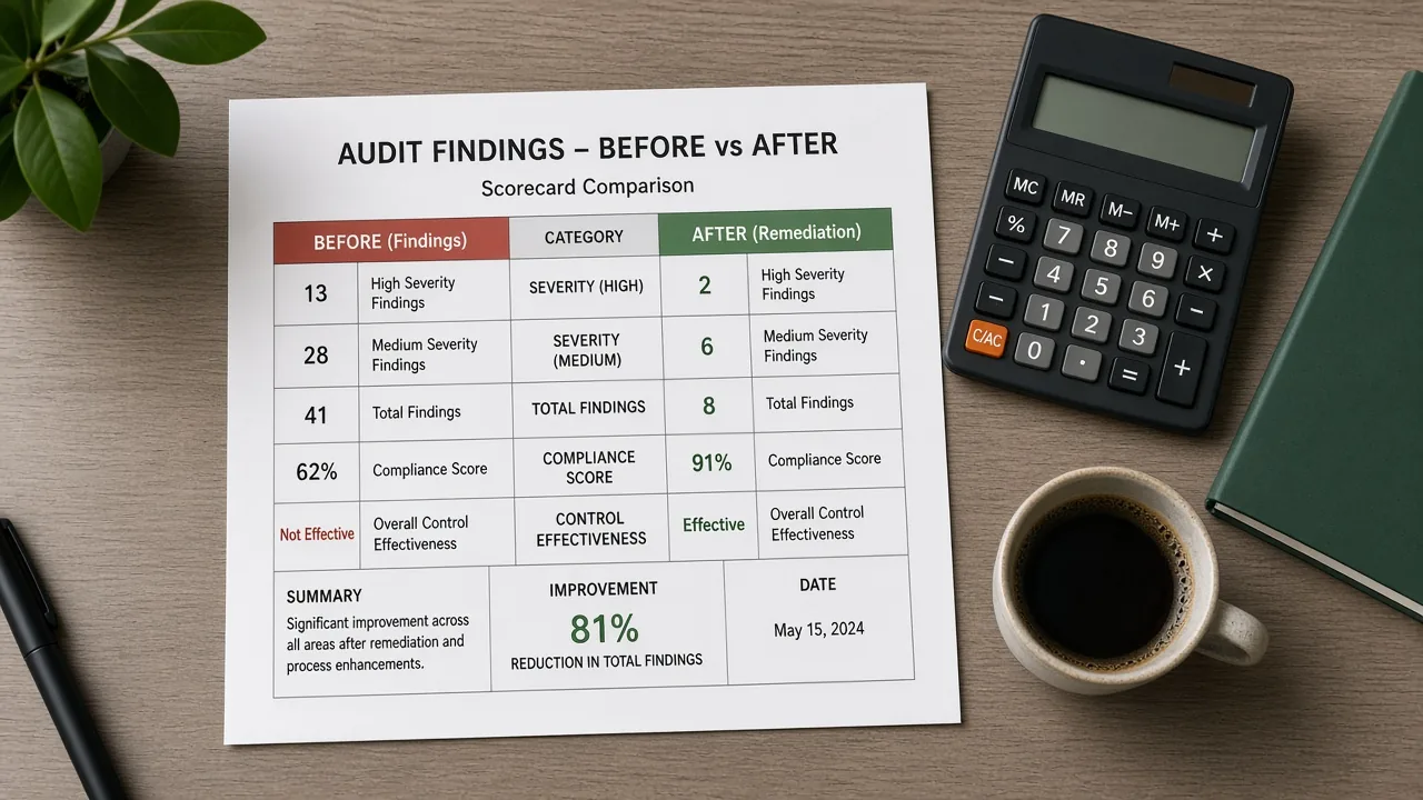 Before and after SEO audit scorecard sheets on a desk