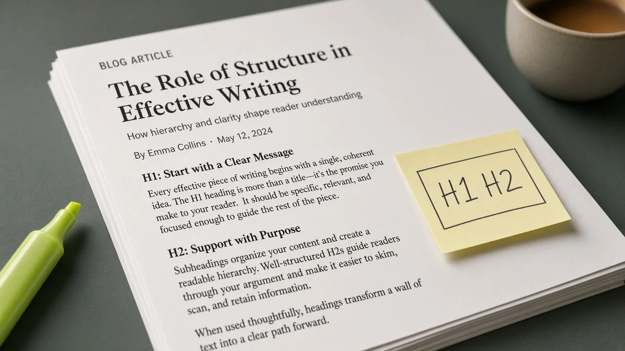 Printed article pages with sticky outline notes on an editorial desk