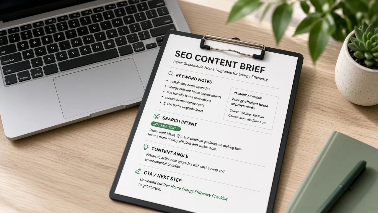 SEO content brief on a clipboard beside a laptop keyboard