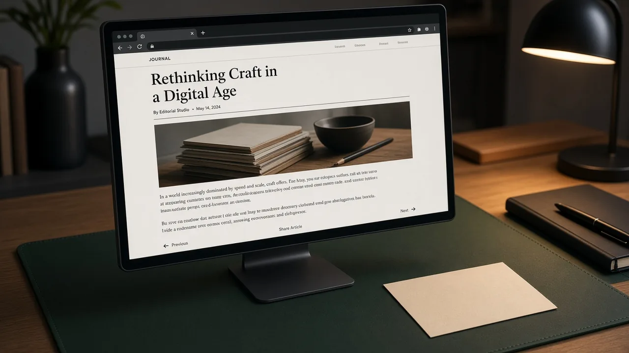 Monitor showing a published blog article in an editorial studio setting