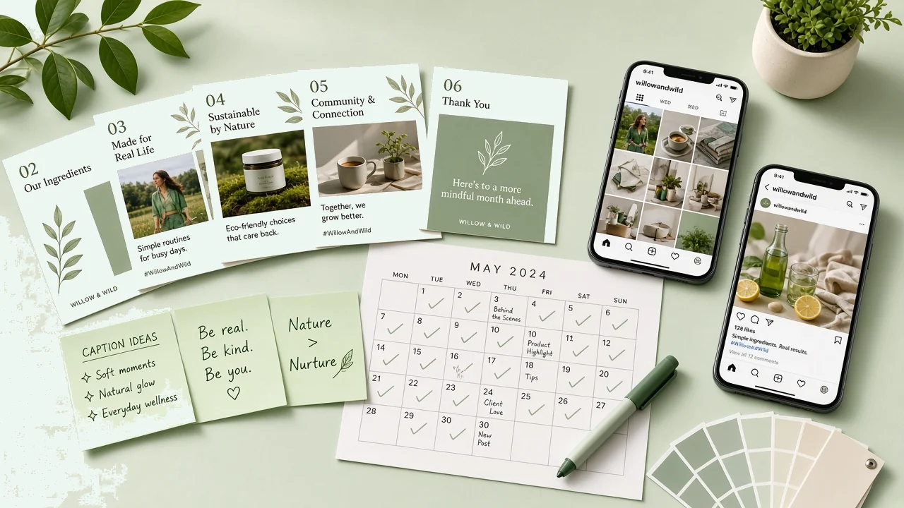Desk with printed social posts, phones showing feeds, and a monthly content calendar