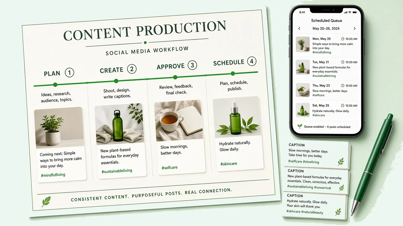 Printed content production board showing Plan, Create, Approve, and Schedule stages