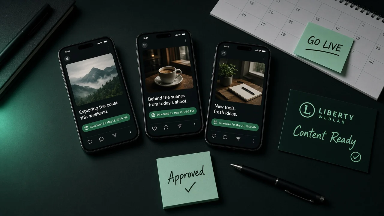 Dark desk with phones showing scheduled posts and a content ready brand card