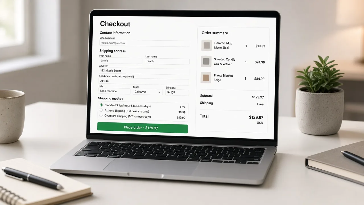 Ecommerce checkout page on a laptop with order summary and pay button