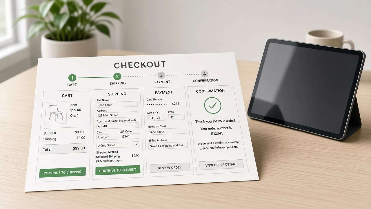 Printed multi-step checkout wireframe with progress indicators