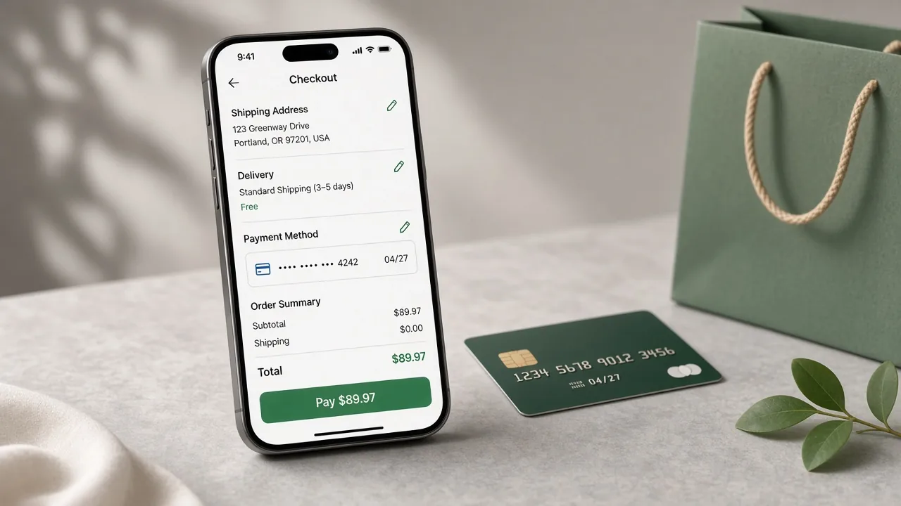 Mobile checkout on a smartphone with sticky pay button