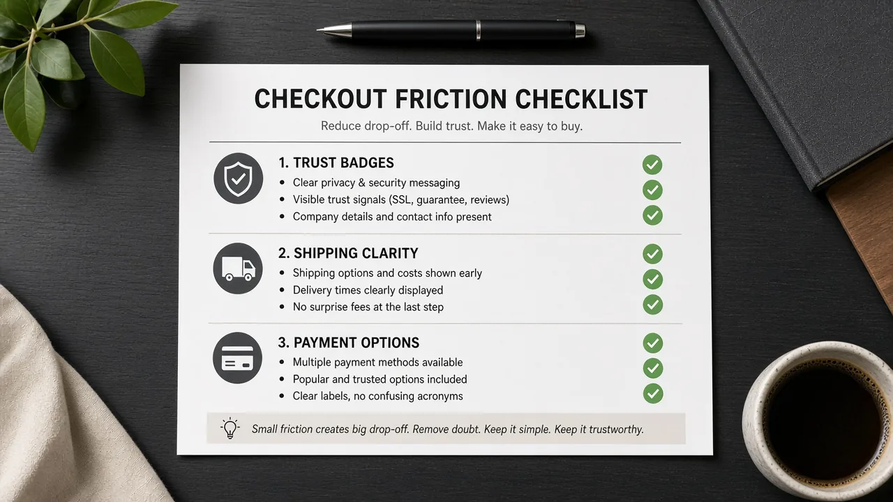 Checkout trust and friction checklist with green checkmarks