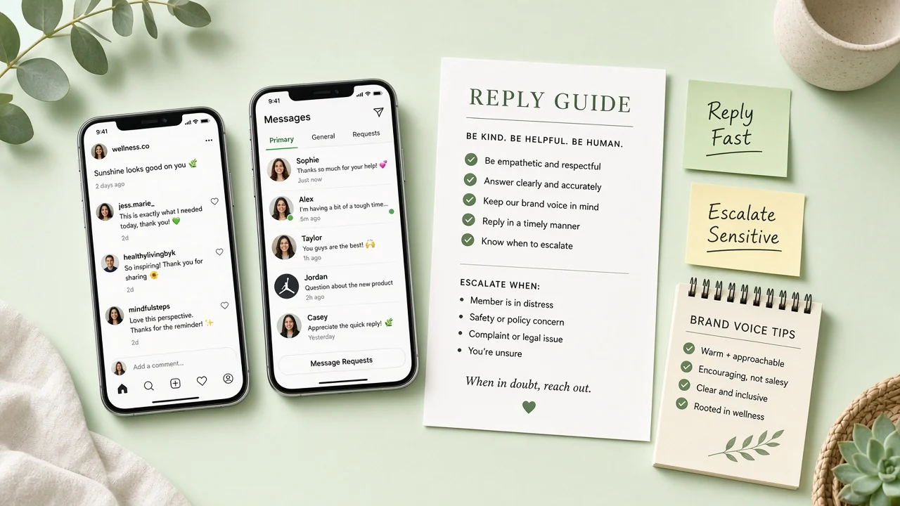 Phones showing comment threads and DMs beside a reply guide and sticky notes