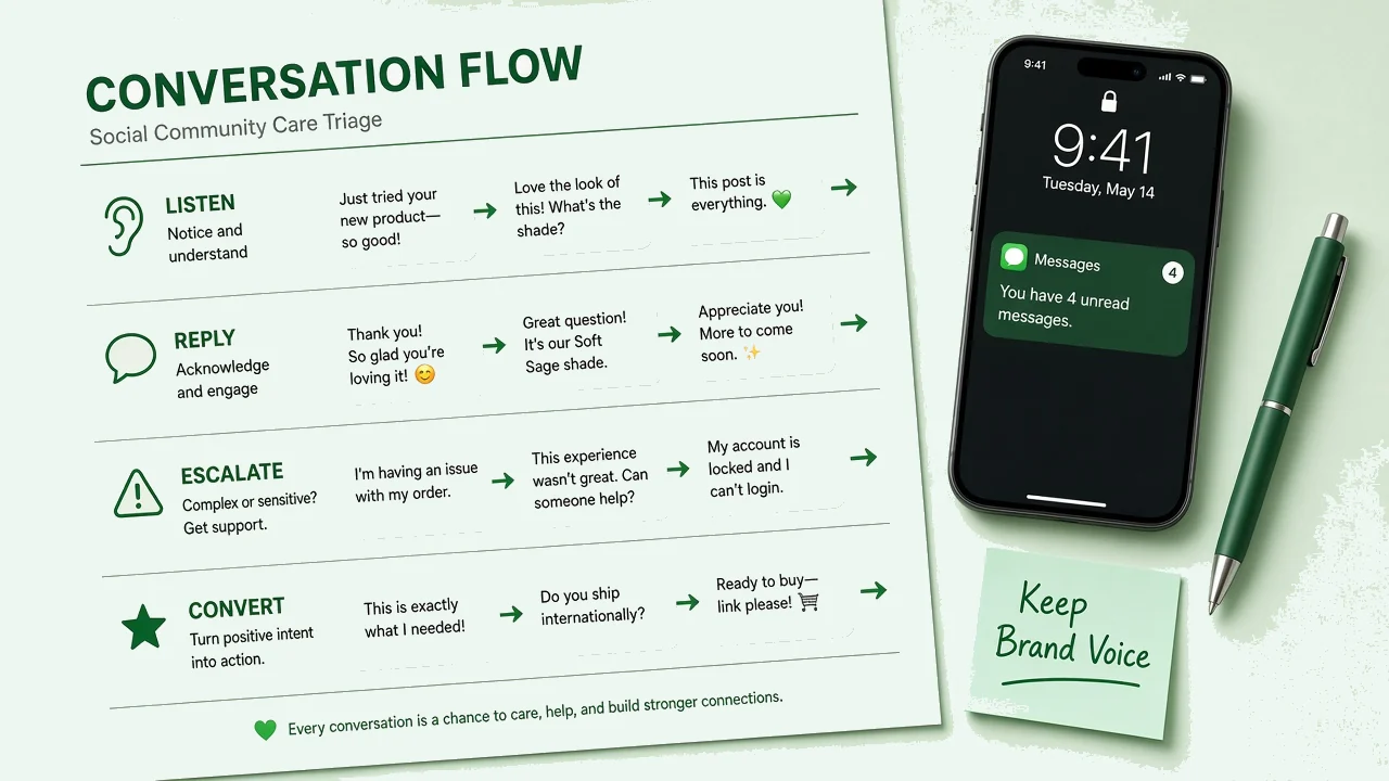 Printed conversation flow board showing Listen, Reply, Escalate, and Convert lanes
