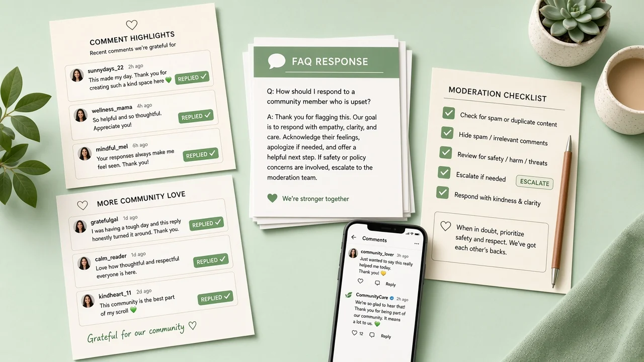 Community care desk with reply stamps, FAQ cards, and a phone showing a brand reply