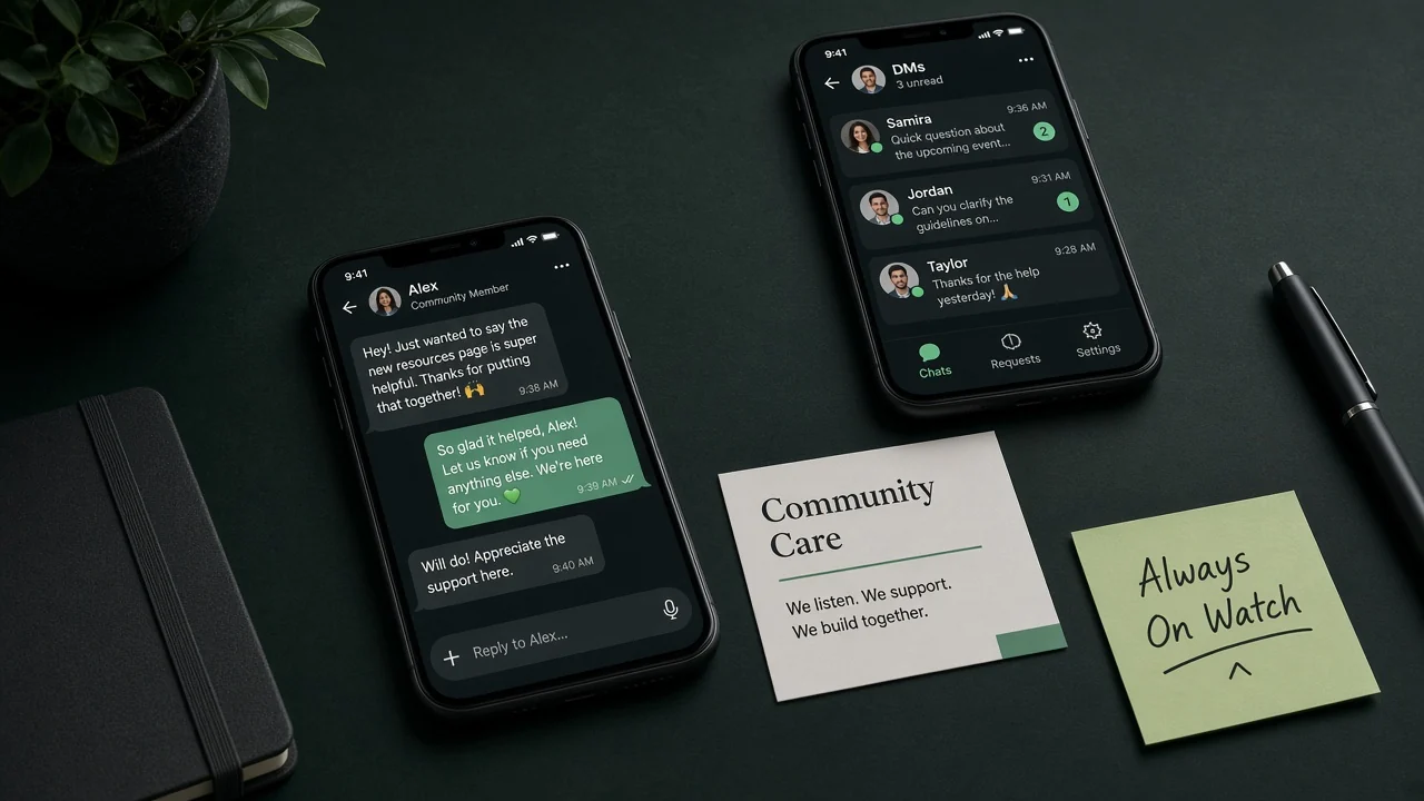 Dark desk with phones showing active chat replies and a community care brand card
