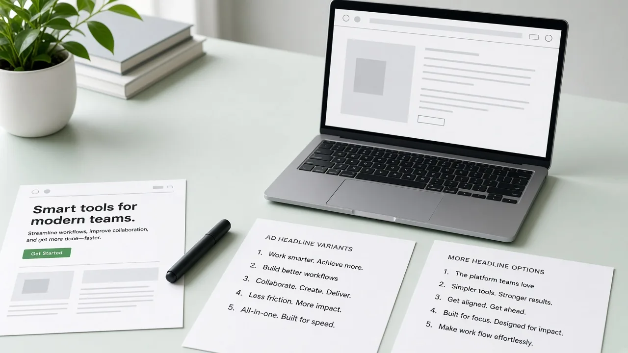 Copy desk with printed headline mockups and a laptop wireframe