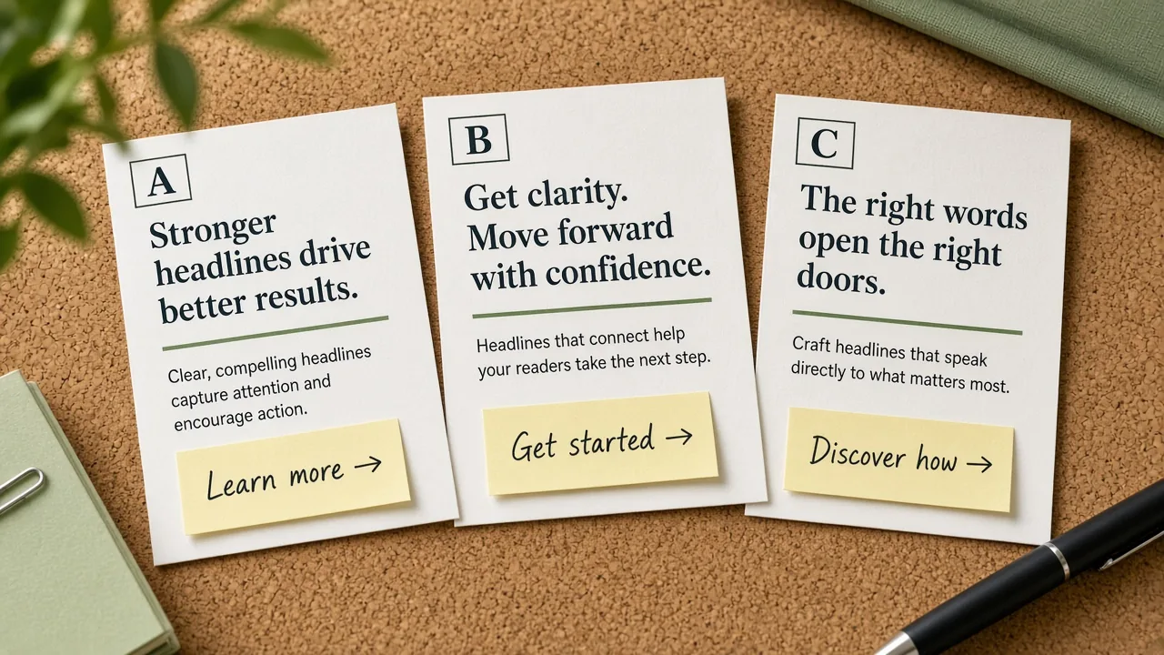 Printed headline option cards labeled A B C on a copywriting desk