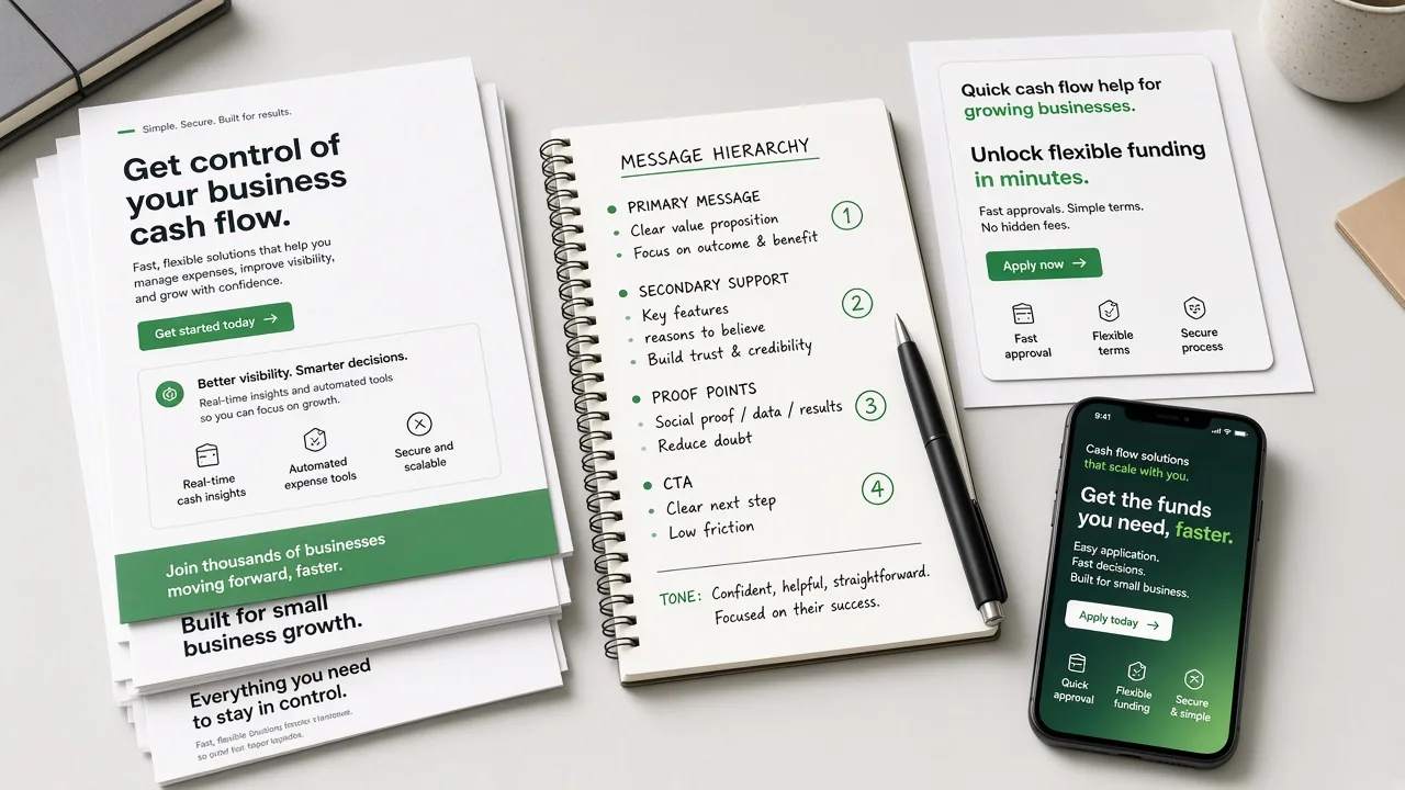 Landing page printouts beside paid ad mockups for consistent messaging