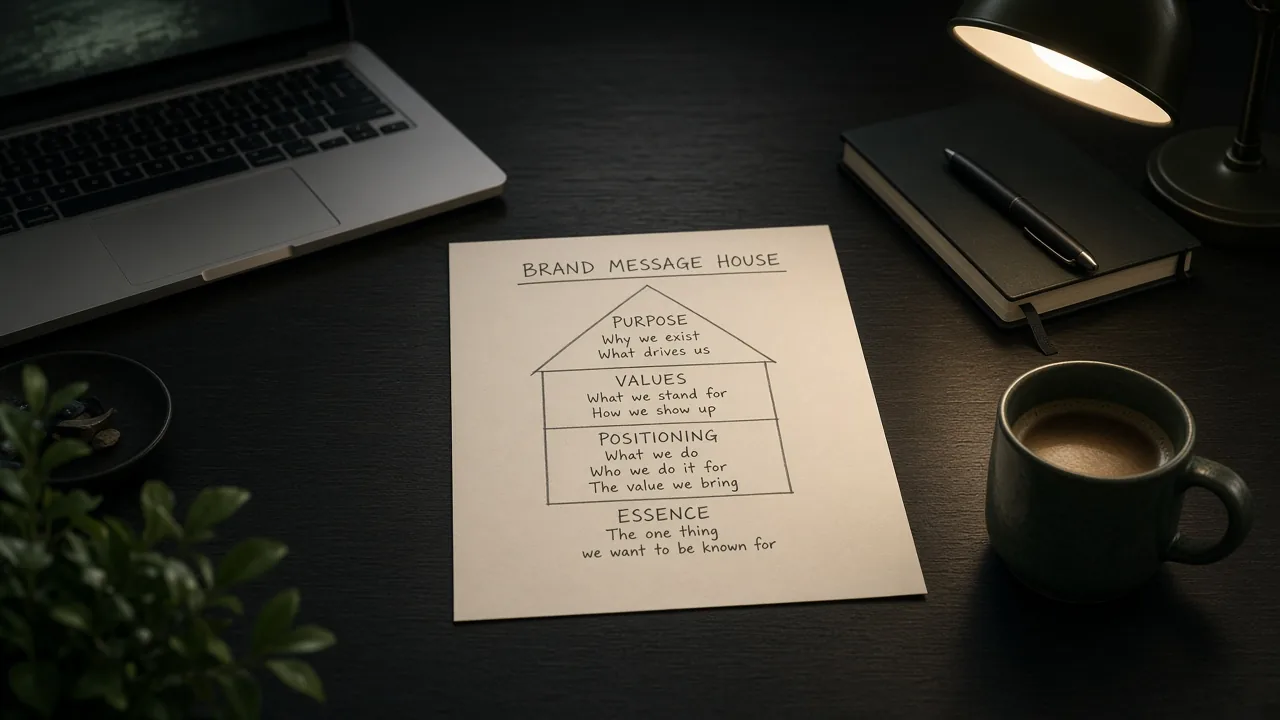 Brand message house sketch on paper beside a laptop