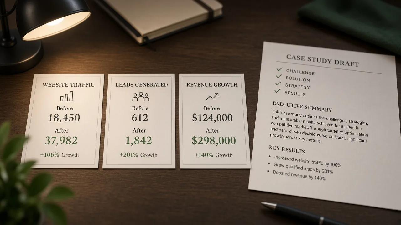 Printed metrics cards and case study draft showing growth results