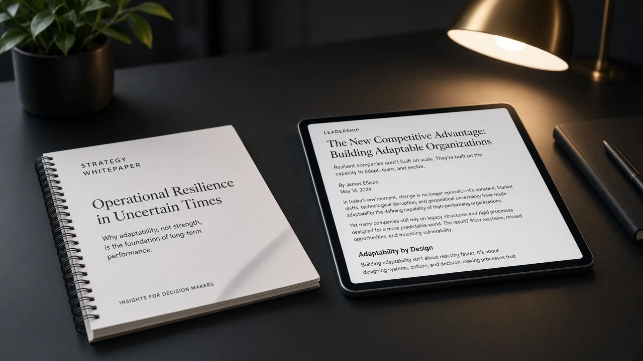 Spiral-bound whitepaper beside a tablet showing long-form layout