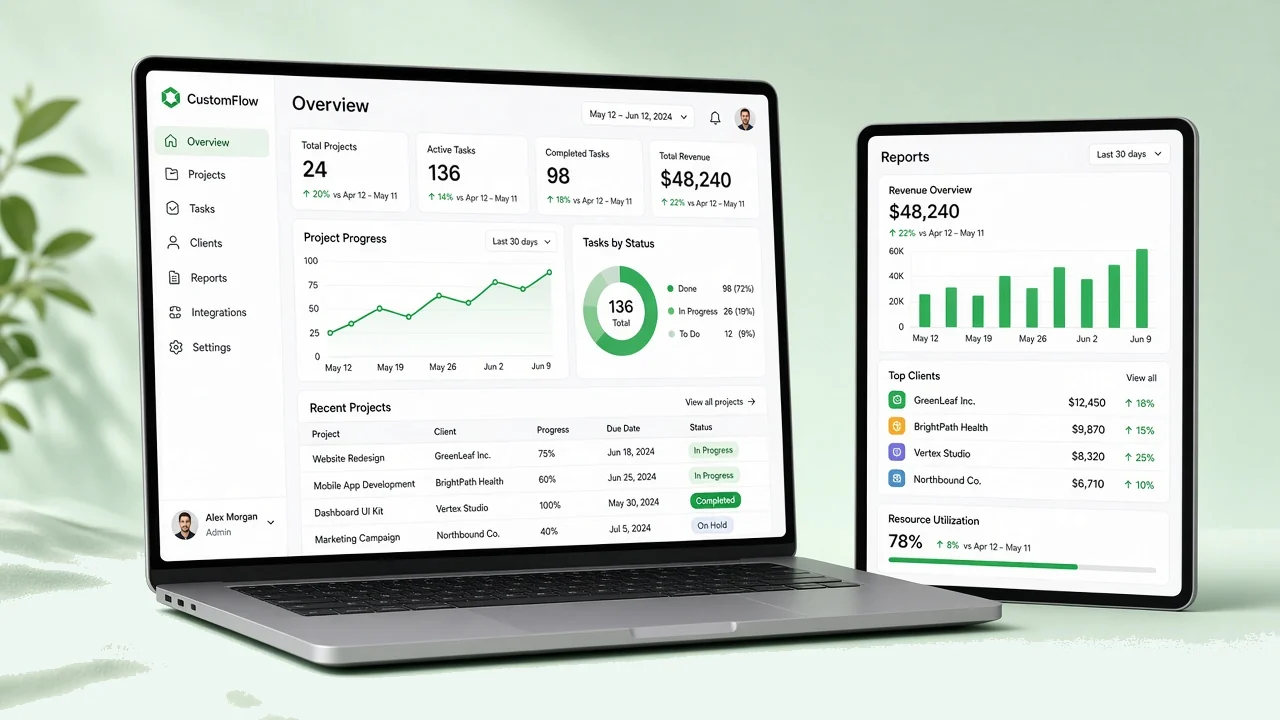 Laptop and tablet mockups showing a custom web application dashboard