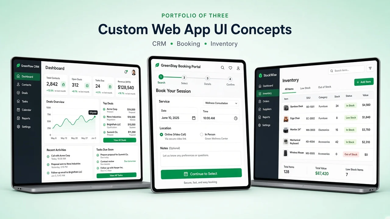 Custom web app mockups for CRM, booking, and inventory systems