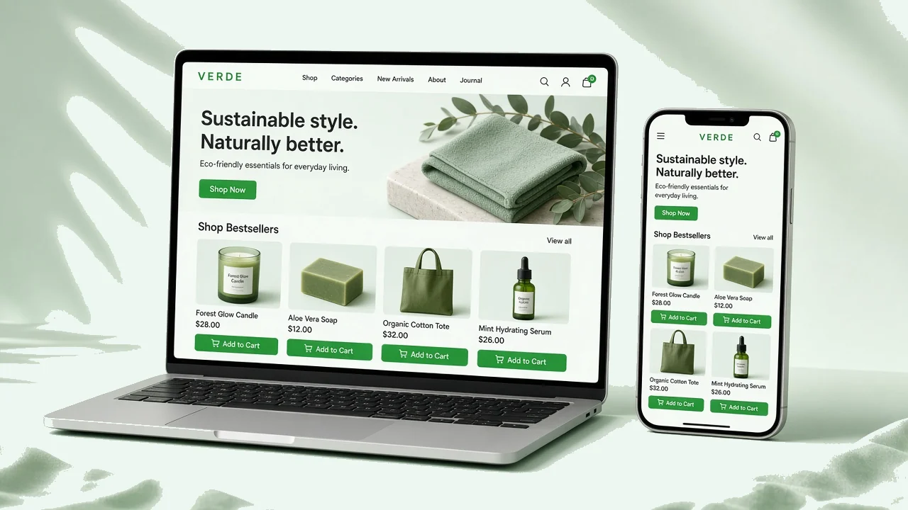 WooCommerce ecommerce storefront mockup on desktop and mobile with product catalog layout