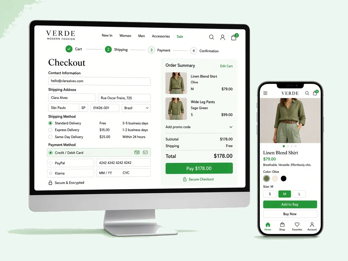 Responsive WooCommerce product and cart screens on laptop and smartphone