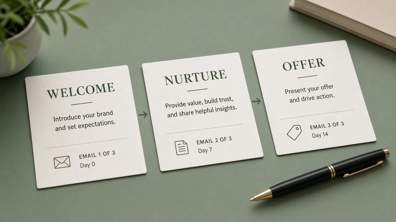 Printed drip campaign timeline cards for welcome, nurture, and offer
