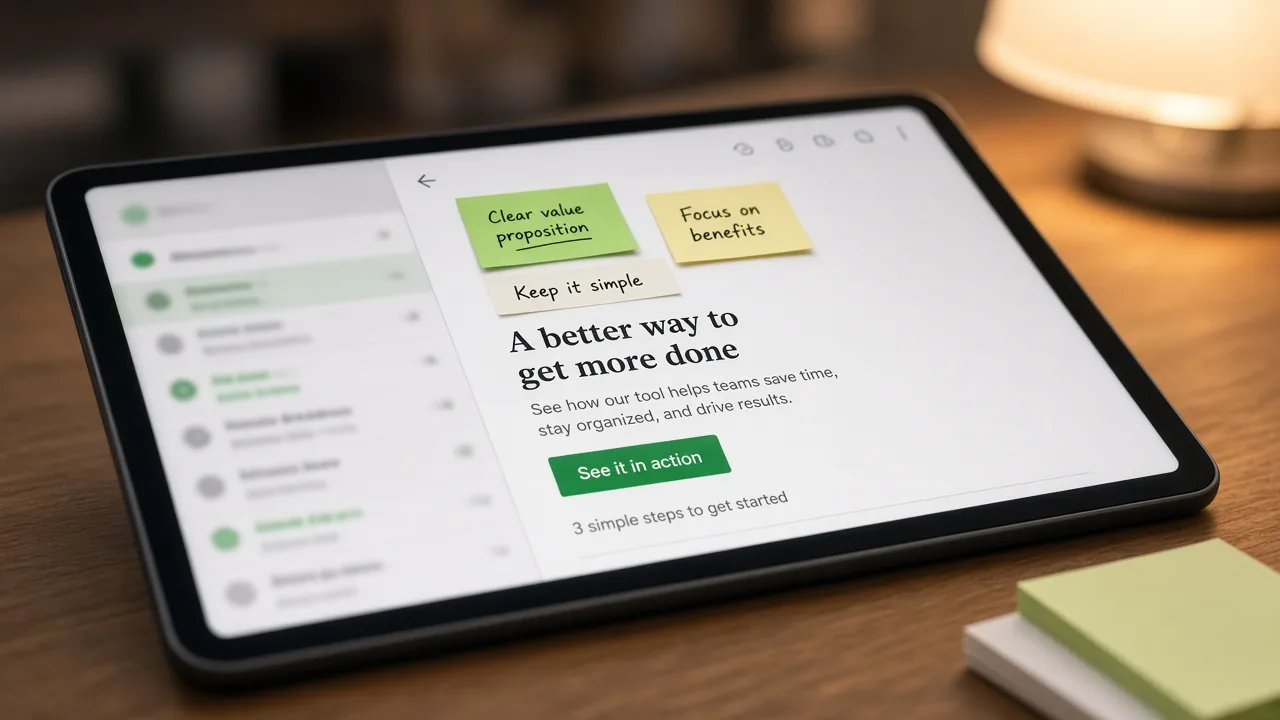 Subject line sticky notes beside an email preview on a tablet