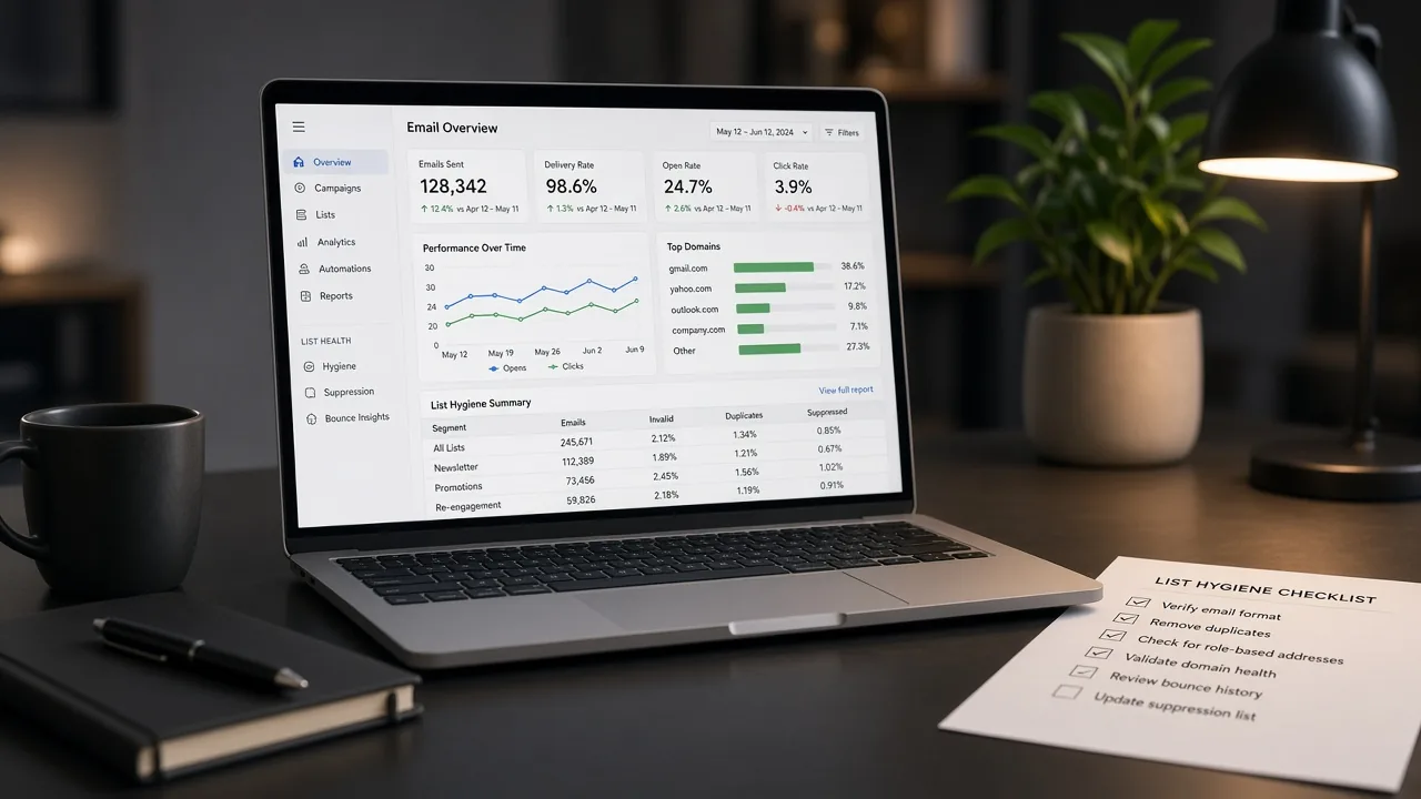 Laptop showing email performance workspace with list hygiene checklist