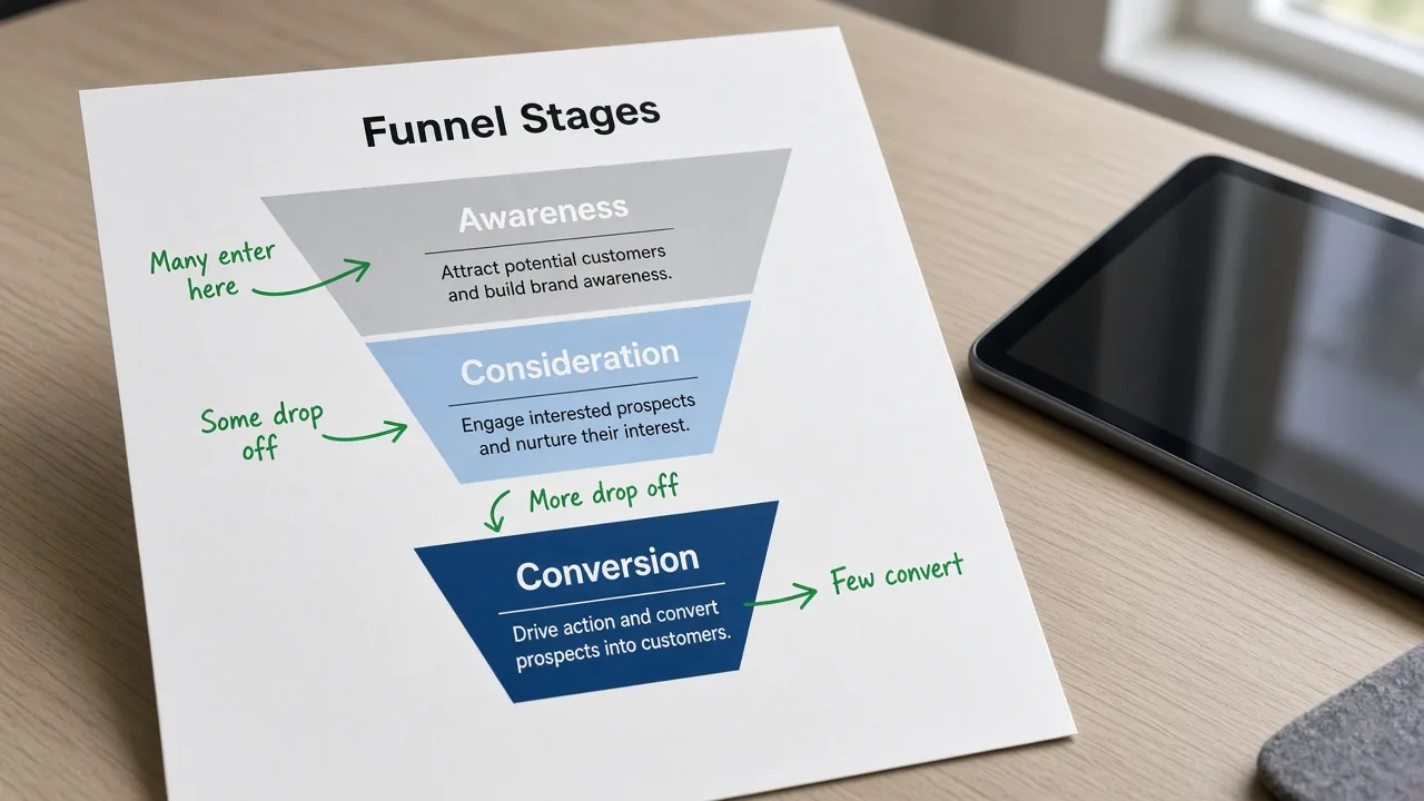 Printed funnel stages diagram with awareness to conversion labels