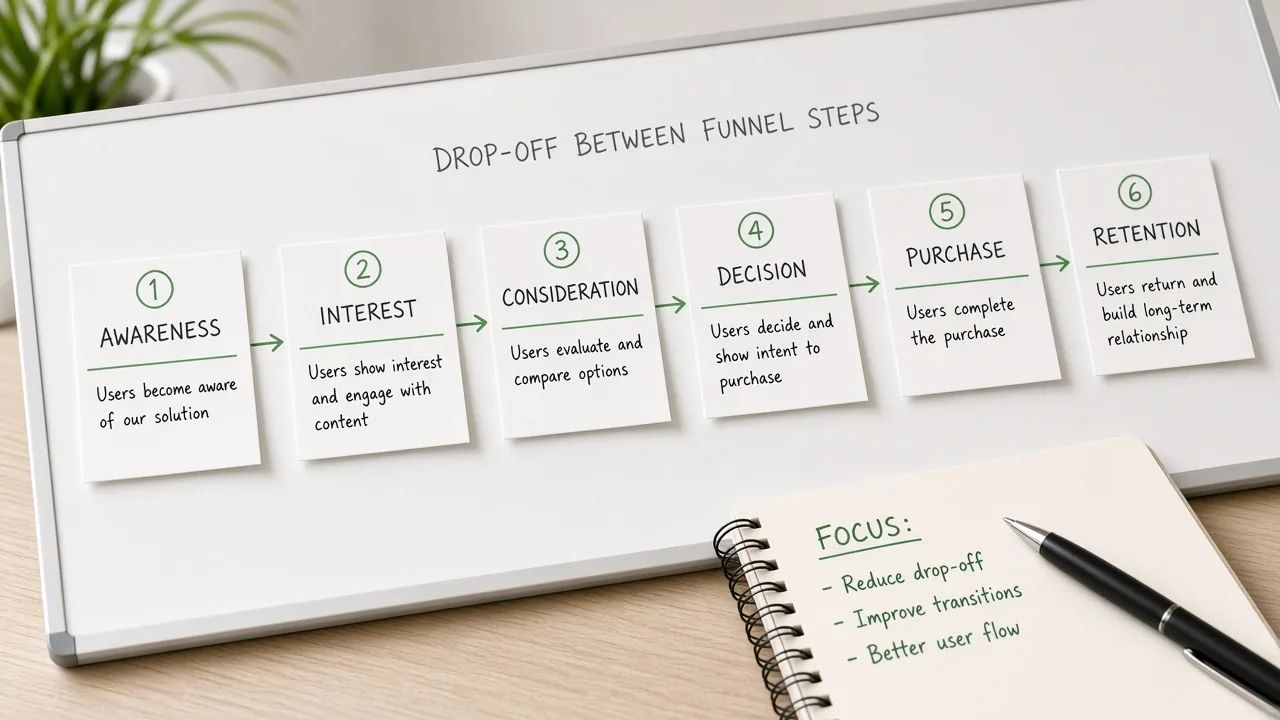 Sticky notes mapping drop-off points between funnel steps
