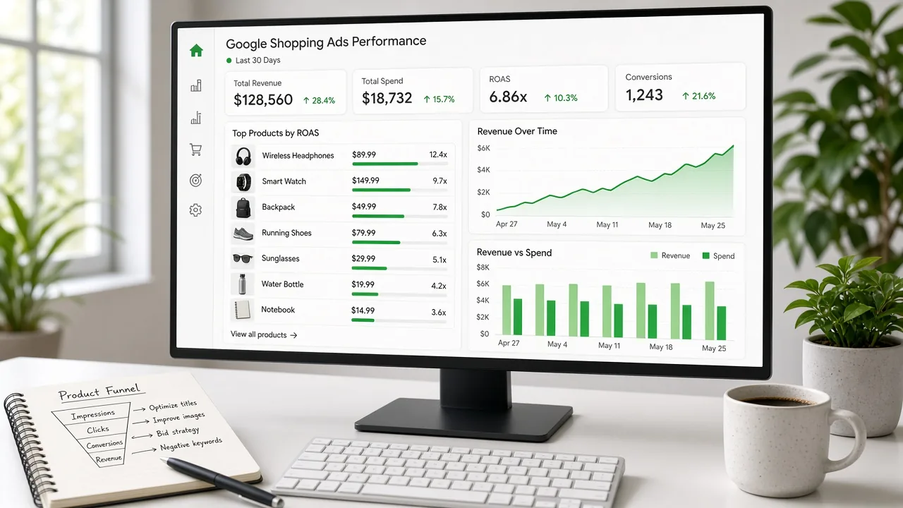 Monitor showing Shopping product performance dashboard with ROAS bars and charts