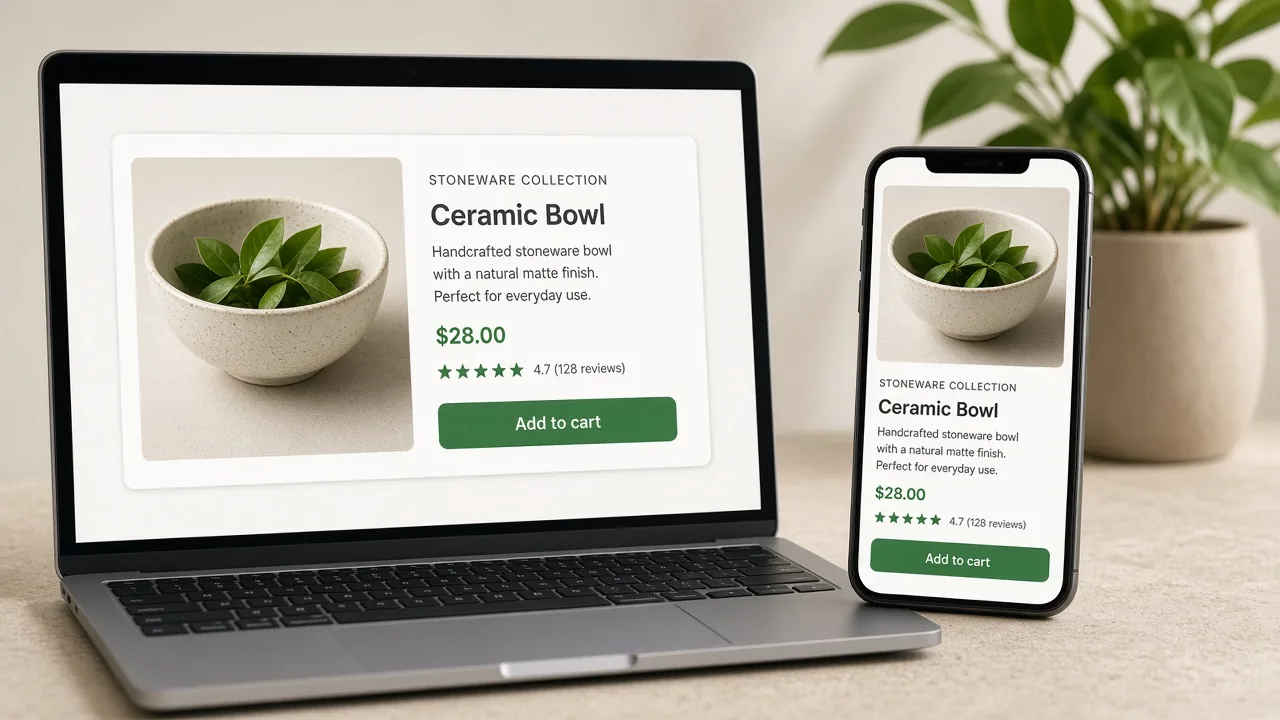 Laptop and phone showing matching Shopping product listing cards with price and ratings