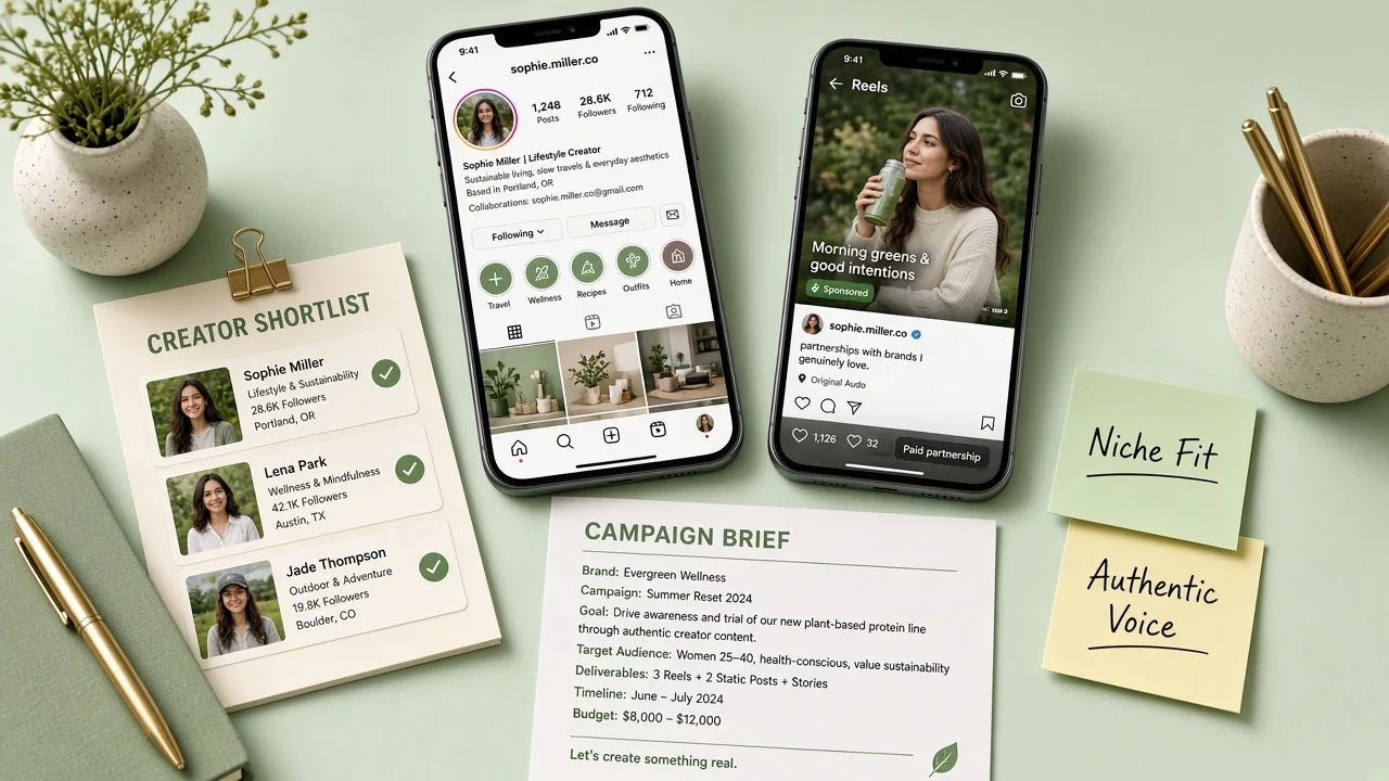 Phones showing creator profiles and a Reel beside a creator brief and shortlist cards