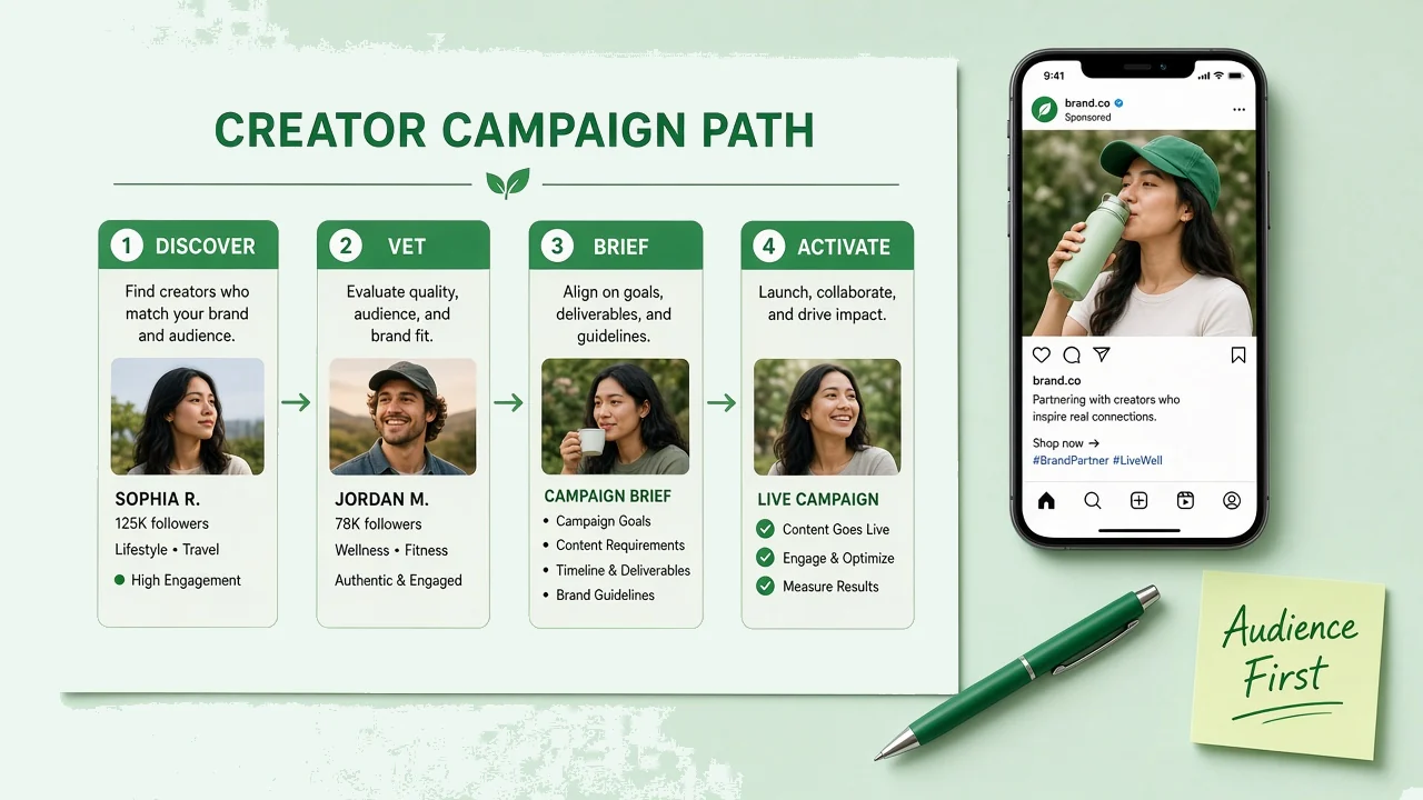 Printed creator campaign path board showing Discover, Vet, Brief, and Activate stages