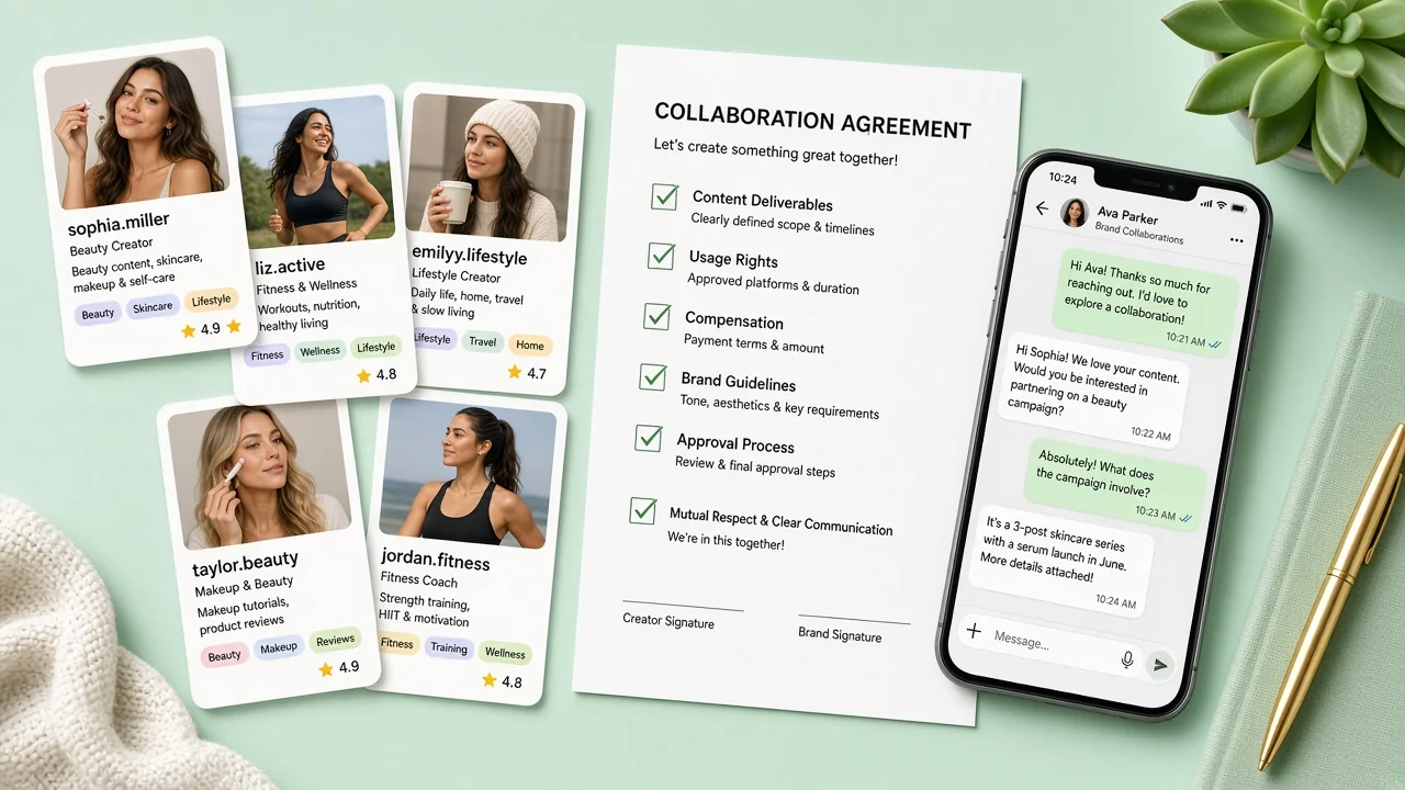 Creator casting desk with influencer profile cards, niche tags, and a collaboration checklist