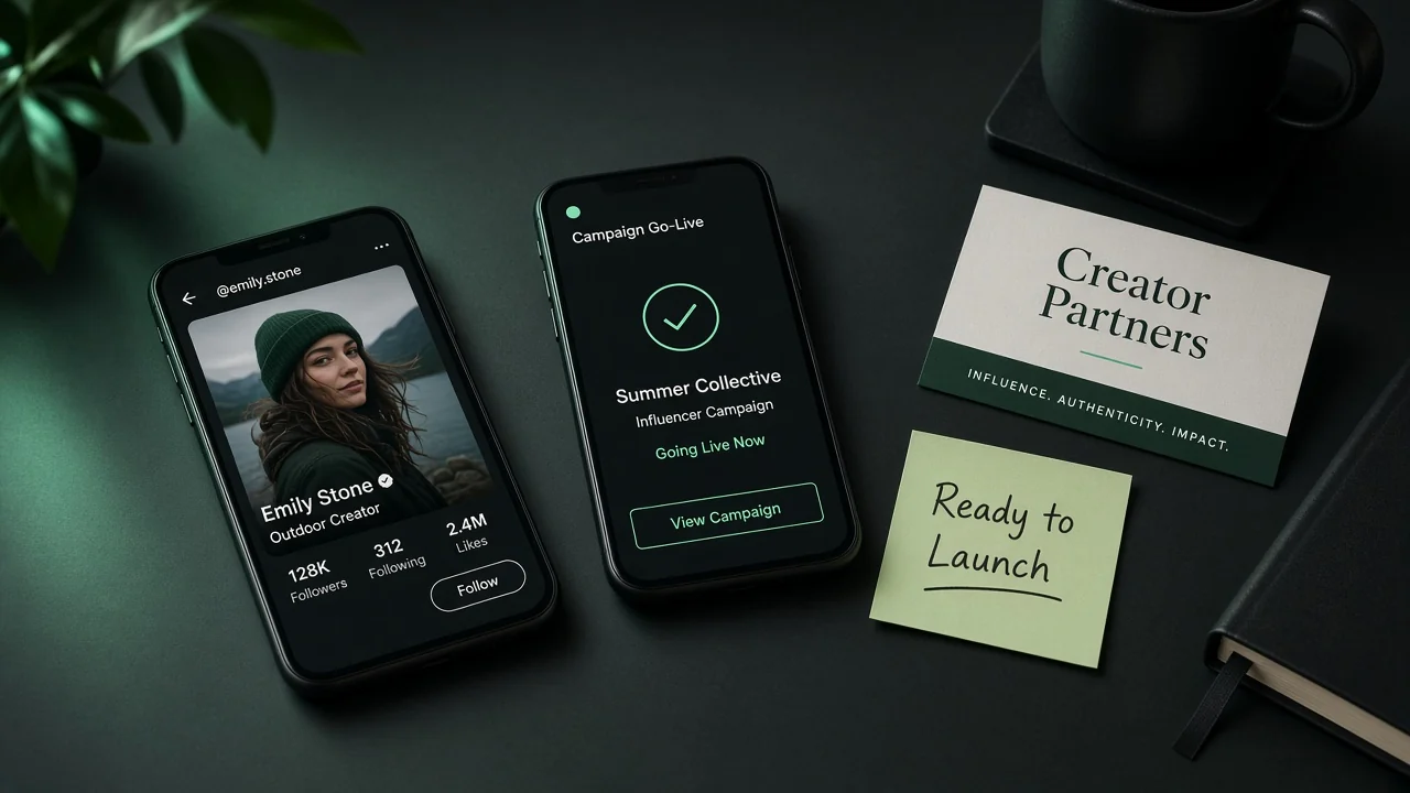 Dark desk with phones showing creator content and a creator partners brand card