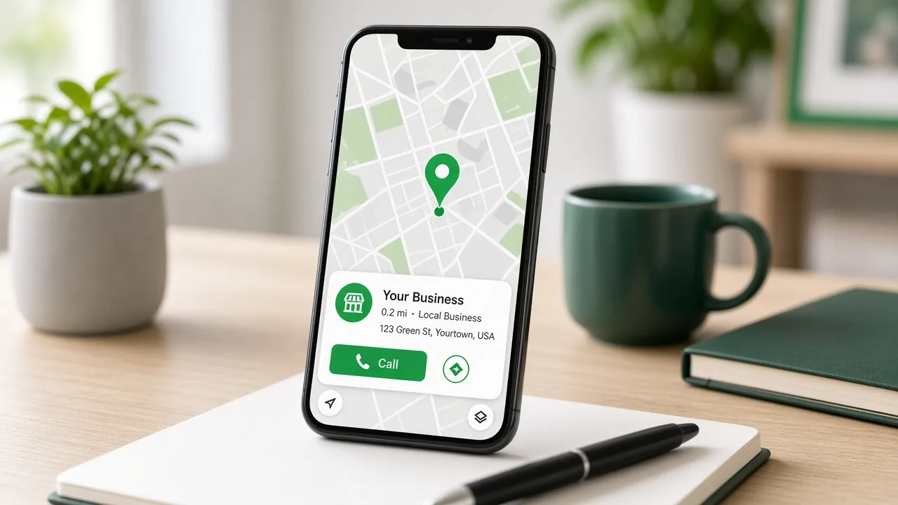 Local SEO map pin on a phone showing nearby business discovery