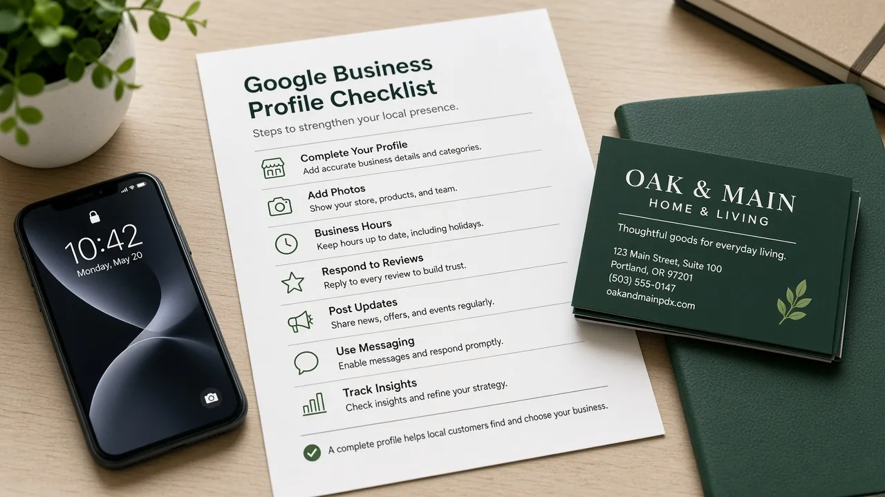 Local business profile optimization checklist and business cards on a desk