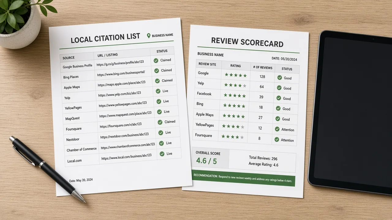 Citation list and review scorecard sheets for local SEO