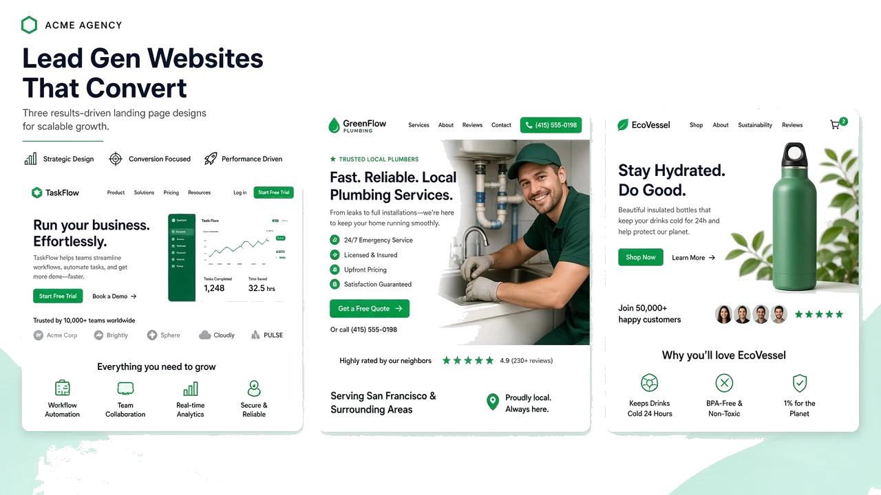 Landing page mockups for SaaS, local services, and ecommerce lead generation