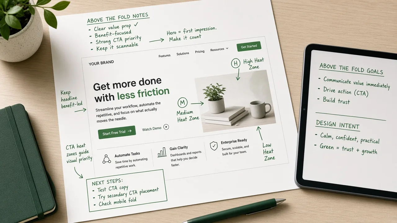 Annotated landing page layout highlighting CTA and fold zones