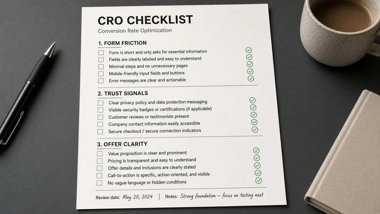 CRO checklist covering form friction, trust signals, and offer clarity