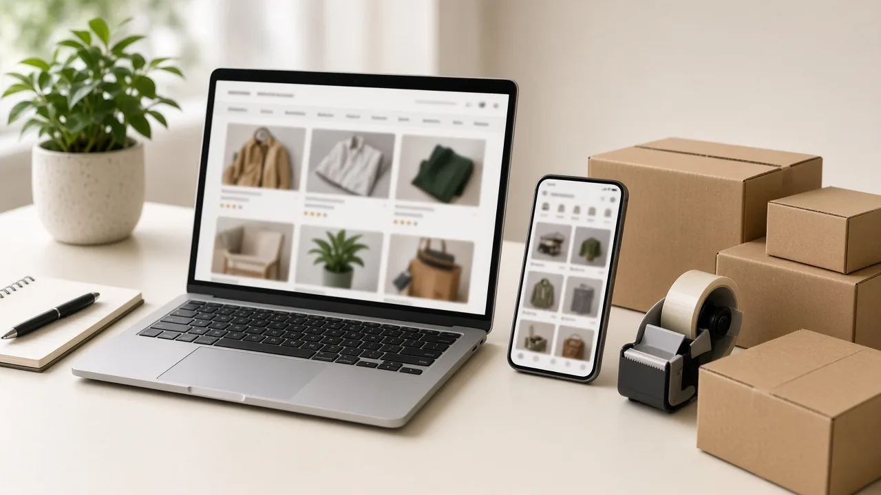 Multi-channel commerce desk with laptop listings and smartphone marketplace app