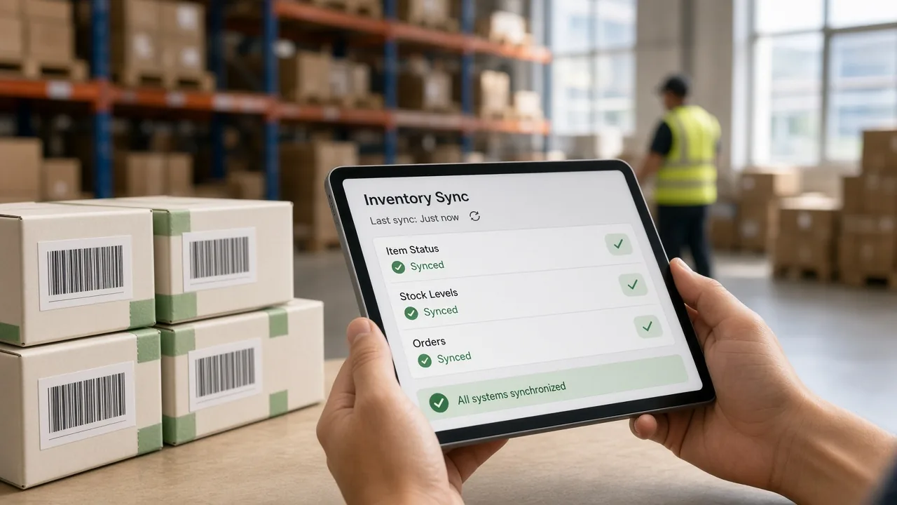 Fulfillment parcels and tablet showing inventory sync status for marketplaces